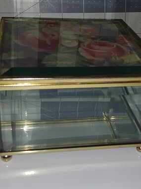 Glass Jewelry Display Box with Gold Trim - Rose Motif